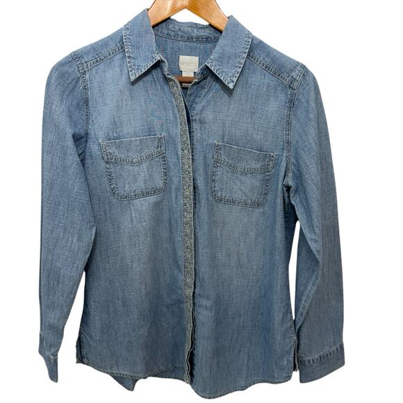 CHICO'S Denim Shirt Size 0 or US Small Button Down Y2K Embroidered - Picture 1 of 11